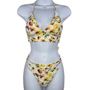 Cabana Del Sol Womens 2 Piece Bikini Swimsuit Floral White Yellow Strappy Sz L